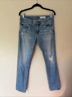 Ag Adriano Goldschmied Anthro Medium Wash Straight Leg Jeans with Knee Distress